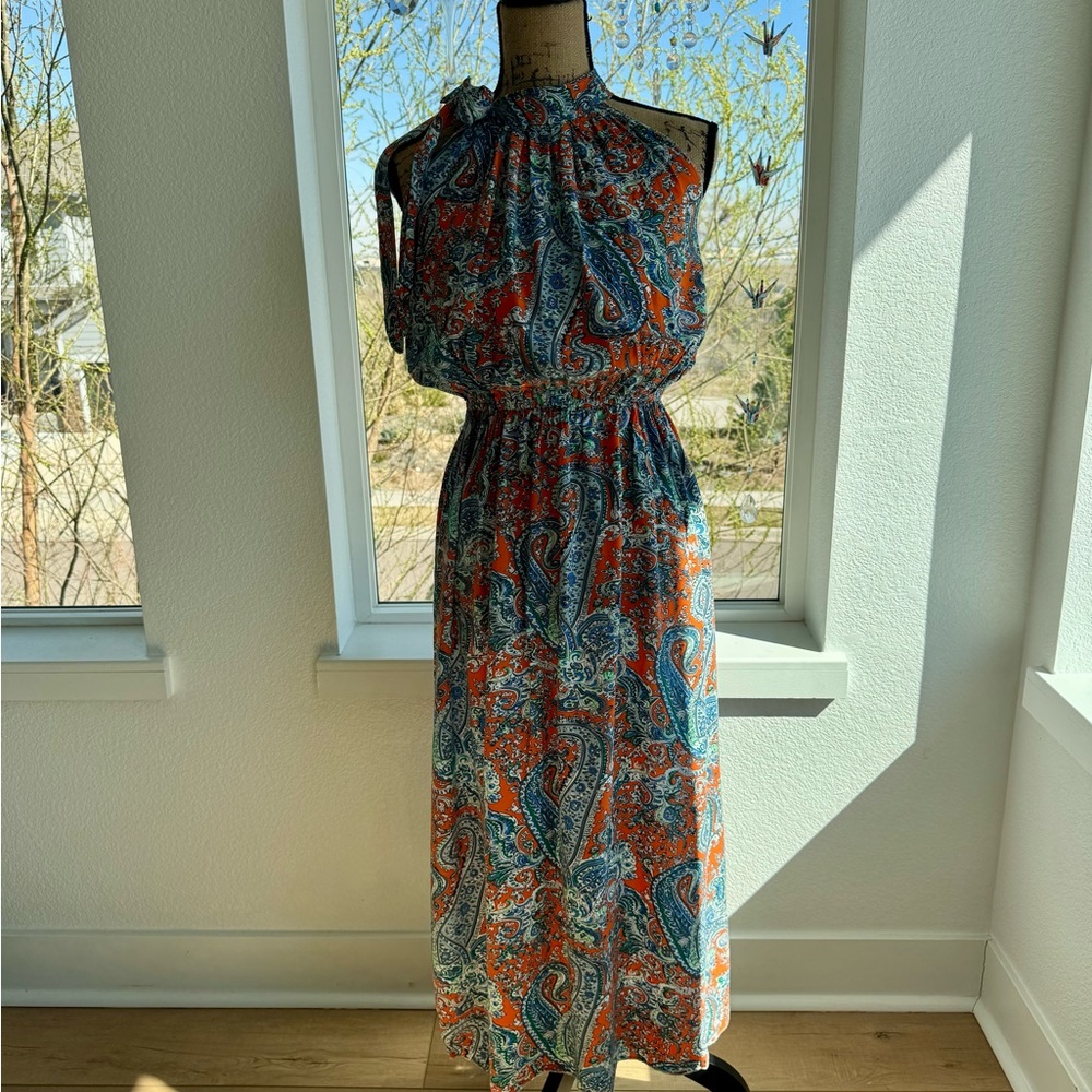 Sleeveless Orange Paisley Maxi Dress